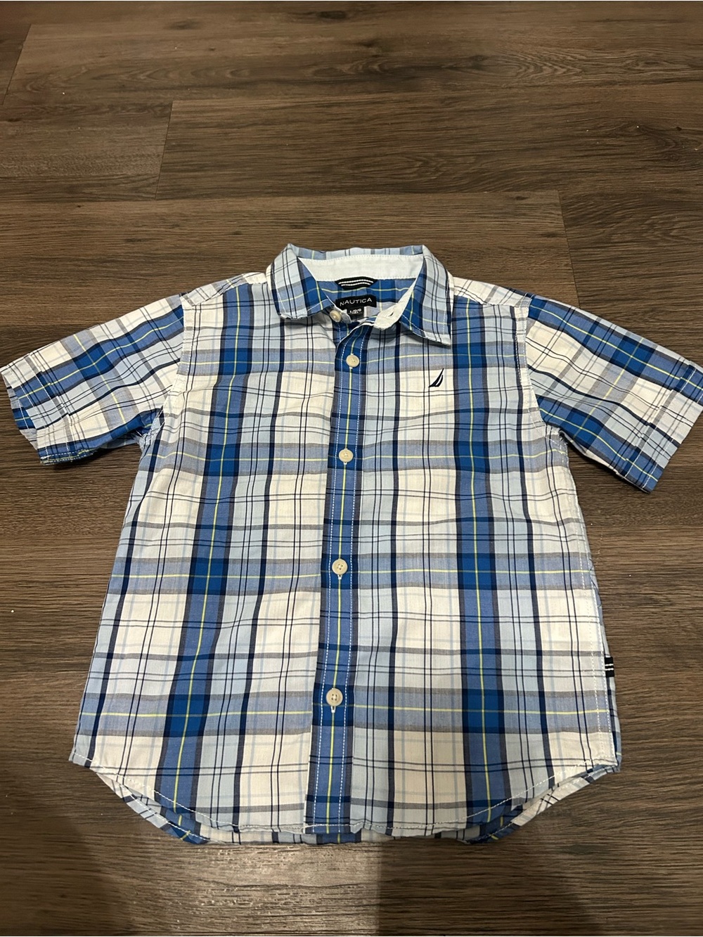 3/$12 Nautica Blue and While Plaid Button Down Shirt Boys Size 6